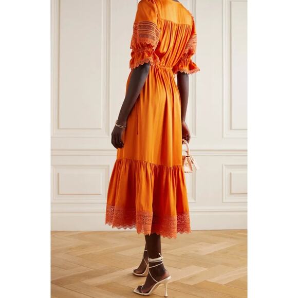 NWT SELF-PORTRAIT Lace Trim Satin Twill Ruffle Midi Dress In Orange Size 0 UK 4 - Picture 11 of 11